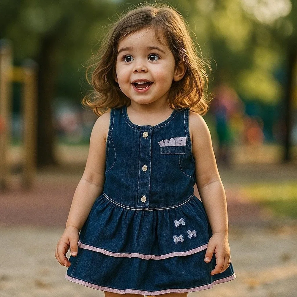 Calabash Denim Dress‎ Vintage Pink Trim Bows Sleeveless Girl's Size 5